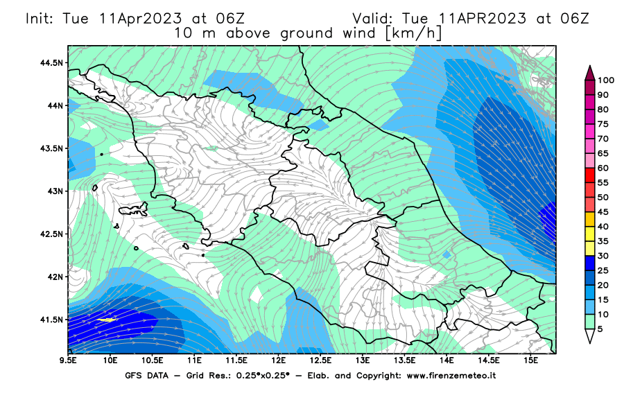 Mappa di analisi GFS - Velocità del vento a 10 metri dal suolo [km/h] in Centro-Italia
							del 11/04/2023 06 <!--googleoff: index-->UTC<!--googleon: index-->