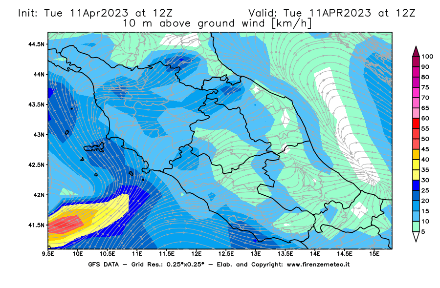 Mappa di analisi GFS - Velocità del vento a 10 metri dal suolo [km/h] in Centro-Italia
							del 11/04/2023 12 <!--googleoff: index-->UTC<!--googleon: index-->