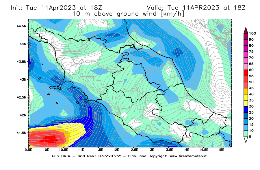 Mappa di analisi GFS - Velocità del vento a 10 metri dal suolo [km/h] in Centro-Italia
							del 11/04/2023 18 <!--googleoff: index-->UTC<!--googleon: index-->