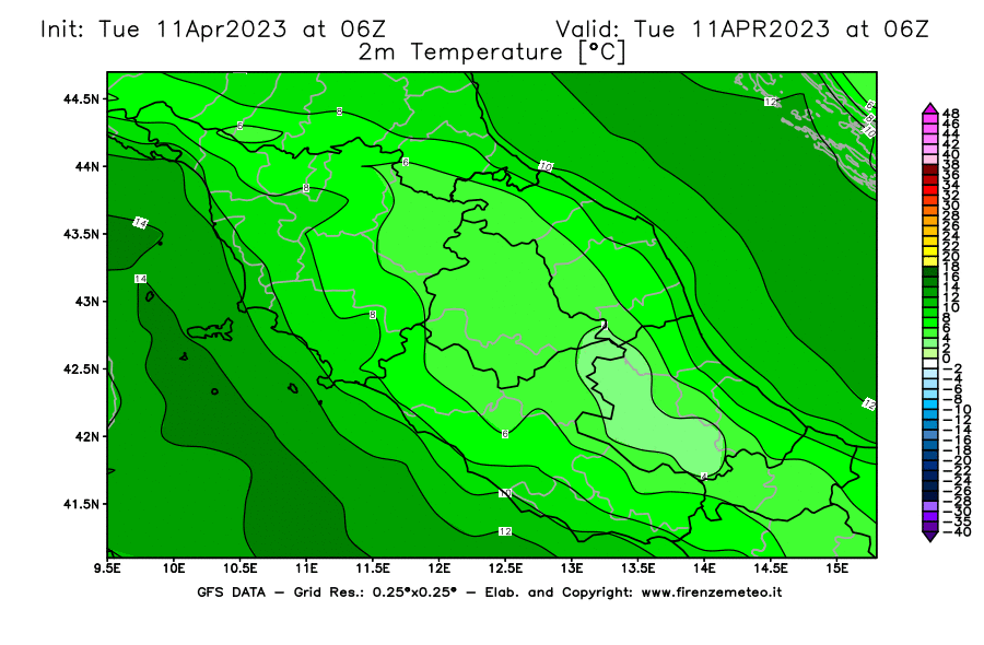 Mappa di analisi GFS - Temperatura a 2 metri dal suolo [°C] in Centro-Italia
							del 11/04/2023 06 <!--googleoff: index-->UTC<!--googleon: index-->