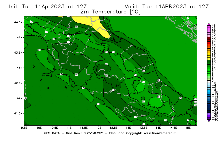Mappa di analisi GFS - Temperatura a 2 metri dal suolo [°C] in Centro-Italia
							del 11/04/2023 12 <!--googleoff: index-->UTC<!--googleon: index-->
