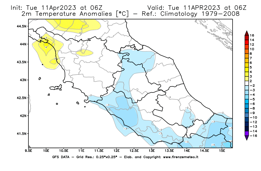 Mappa di analisi GFS - Anomalia Temperatura [°C] a 2 m in Centro-Italia
							del 11/04/2023 06 <!--googleoff: index-->UTC<!--googleon: index-->