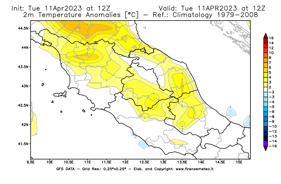 Mappa di analisi GFS - Anomalia Temperatura [°C] a 2 m in Centro-Italia
							del 11/04/2023 12 <!--googleoff: index-->UTC<!--googleon: index-->