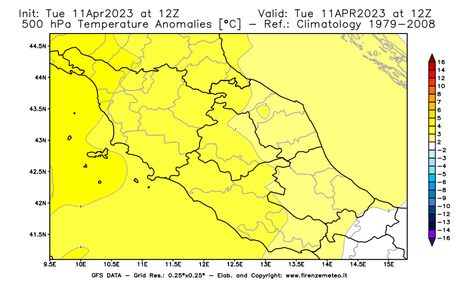 Mappa di analisi GFS - Anomalia Temperatura [°C] a 500 hPa in Centro-Italia
							del 11/04/2023 12 <!--googleoff: index-->UTC<!--googleon: index-->