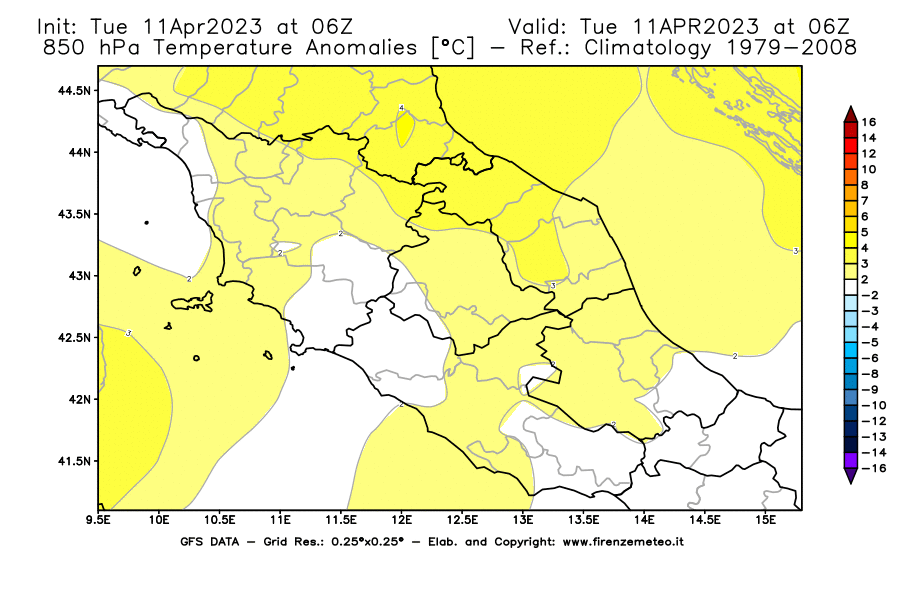 Mappa di analisi GFS - Anomalia Temperatura [°C] a 850 hPa in Centro-Italia
							del 11/04/2023 06 <!--googleoff: index-->UTC<!--googleon: index-->