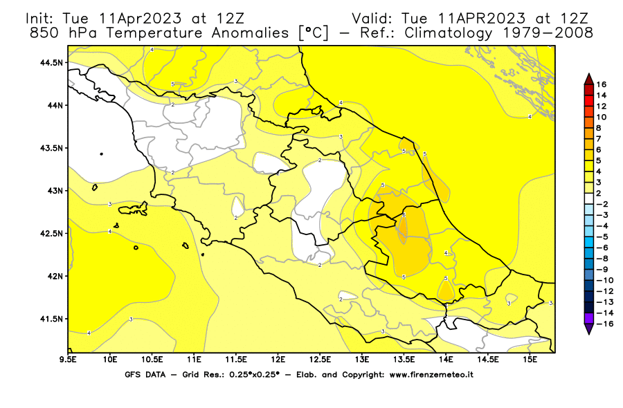 Mappa di analisi GFS - Anomalia Temperatura [°C] a 850 hPa in Centro-Italia
							del 11/04/2023 12 <!--googleoff: index-->UTC<!--googleon: index-->