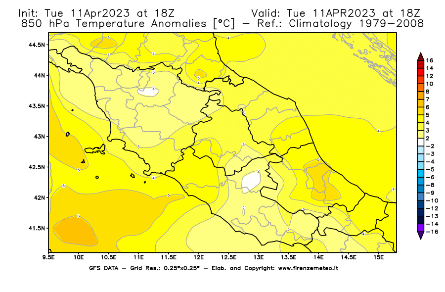 Mappa di analisi GFS - Anomalia Temperatura [°C] a 850 hPa in Centro-Italia
							del 11/04/2023 18 <!--googleoff: index-->UTC<!--googleon: index-->