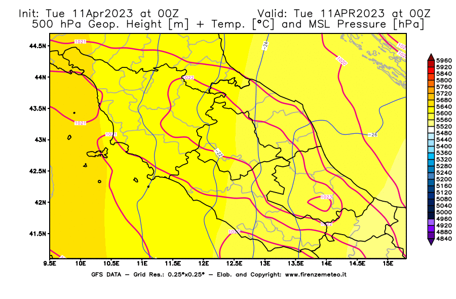 Mappa di analisi GFS - Geopotenziale [m] + Temp. [°C] a 500 hPa + Press. a livello del mare [hPa] in Centro-Italia
							del 11/04/2023 00 <!--googleoff: index-->UTC<!--googleon: index-->