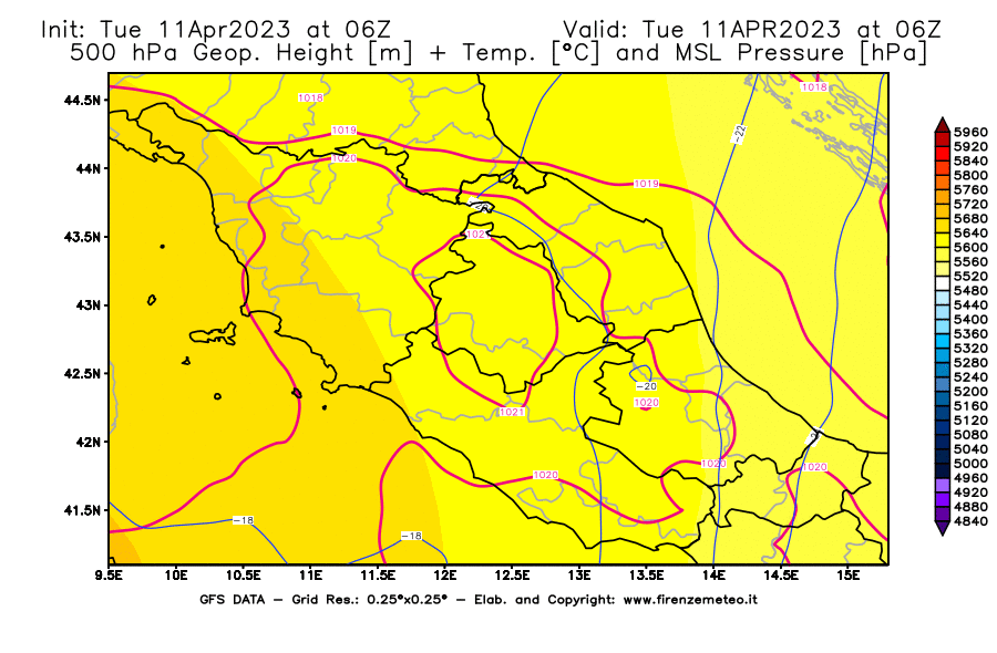 Mappa di analisi GFS - Geopotenziale [m] + Temp. [°C] a 500 hPa + Press. a livello del mare [hPa] in Centro-Italia
							del 11/04/2023 06 <!--googleoff: index-->UTC<!--googleon: index-->