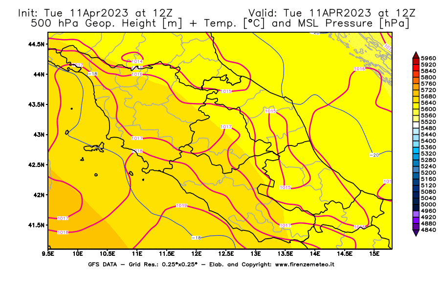 Mappa di analisi GFS - Geopotenziale [m] + Temp. [°C] a 500 hPa + Press. a livello del mare [hPa] in Centro-Italia
							del 11/04/2023 12 <!--googleoff: index-->UTC<!--googleon: index-->