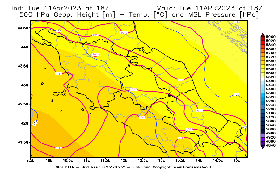 Mappa di analisi GFS - Geopotenziale [m] + Temp. [°C] a 500 hPa + Press. a livello del mare [hPa] in Centro-Italia
							del 11/04/2023 18 <!--googleoff: index-->UTC<!--googleon: index-->