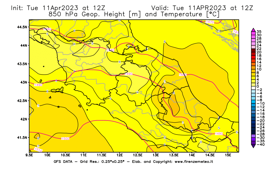 Mappa di analisi GFS - Geopotenziale [m] e Temperatura [°C] a 850 hPa in Centro-Italia
							del 11/04/2023 12 <!--googleoff: index-->UTC<!--googleon: index-->