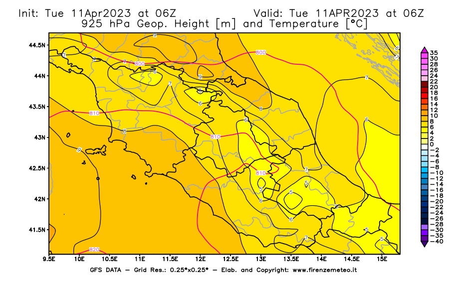 Mappa di analisi GFS - Geopotenziale [m] e Temperatura [°C] a 925 hPa in Centro-Italia
							del 11/04/2023 06 <!--googleoff: index-->UTC<!--googleon: index-->
