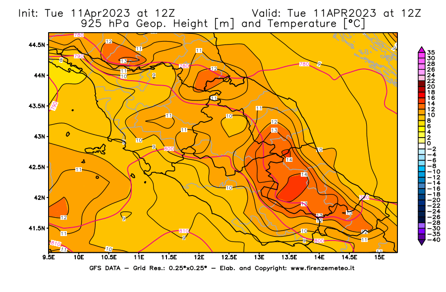 Mappa di analisi GFS - Geopotenziale [m] e Temperatura [°C] a 925 hPa in Centro-Italia
							del 11/04/2023 12 <!--googleoff: index-->UTC<!--googleon: index-->