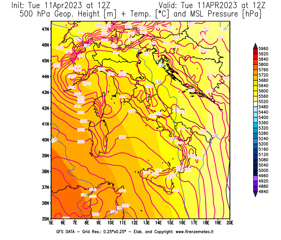 Mappa di analisi GFS - Geopotenziale [m] + Temp. [°C] a 500 hPa + Press. a livello del mare [hPa] in Italia
							del 11/04/2023 12 <!--googleoff: index-->UTC<!--googleon: index-->