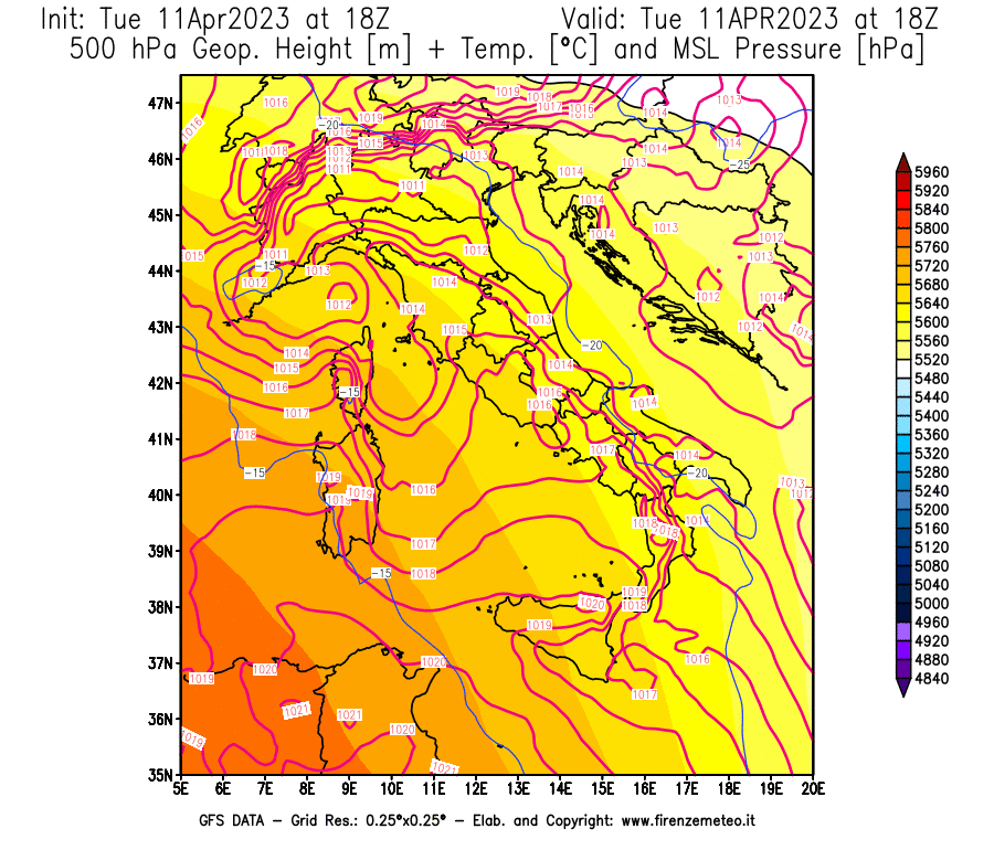 Mappa di analisi GFS - Geopotenziale [m] + Temp. [°C] a 500 hPa + Press. a livello del mare [hPa] in Italia
							del 11/04/2023 18 <!--googleoff: index-->UTC<!--googleon: index-->