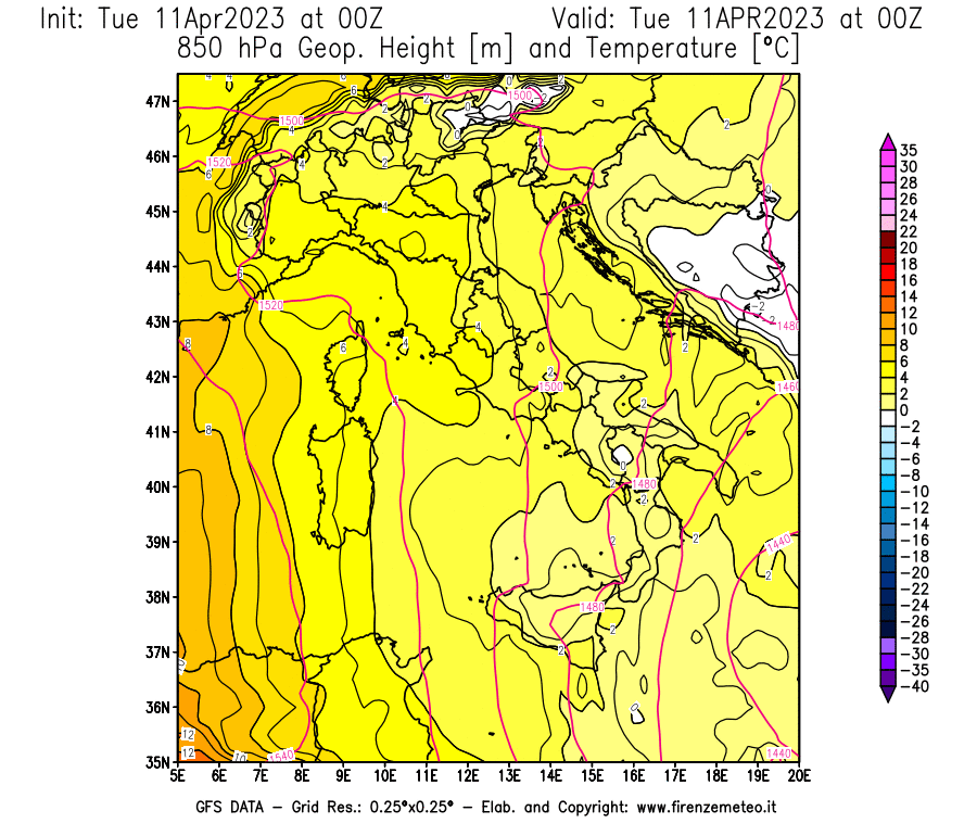 Mappa di analisi GFS - Geopotenziale [m] e Temperatura [°C] a 850 hPa in Italia
							del 11/04/2023 00 <!--googleoff: index-->UTC<!--googleon: index-->