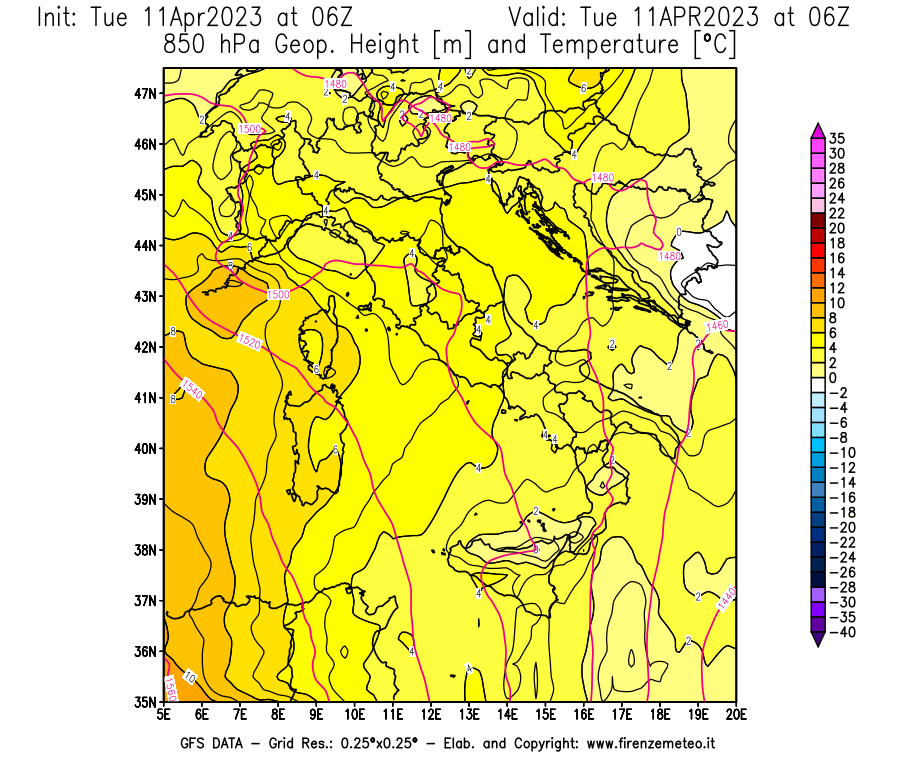 Mappa di analisi GFS - Geopotenziale [m] e Temperatura [°C] a 850 hPa in Italia
							del 11/04/2023 06 <!--googleoff: index-->UTC<!--googleon: index-->