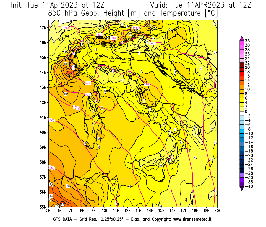 Mappa di analisi GFS - Geopotenziale [m] e Temperatura [°C] a 850 hPa in Italia
							del 11/04/2023 12 <!--googleoff: index-->UTC<!--googleon: index-->