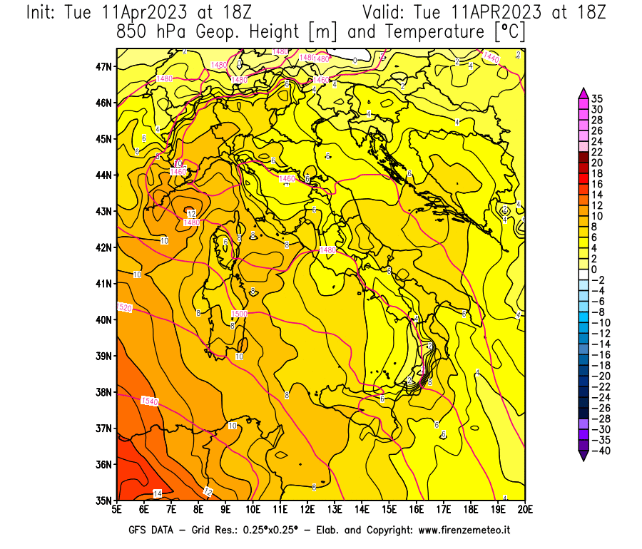 Mappa di analisi GFS - Geopotenziale [m] e Temperatura [°C] a 850 hPa in Italia
							del 11/04/2023 18 <!--googleoff: index-->UTC<!--googleon: index-->
