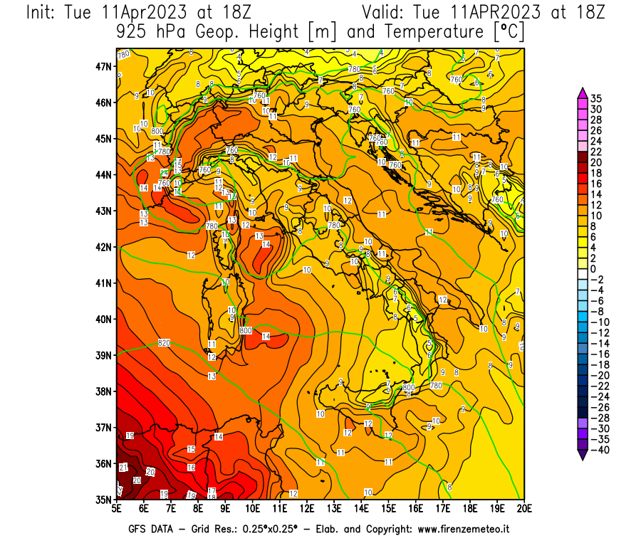 Mappa di analisi GFS - Geopotenziale [m] e Temperatura [°C] a 925 hPa in Italia
							del 11/04/2023 18 <!--googleoff: index-->UTC<!--googleon: index-->