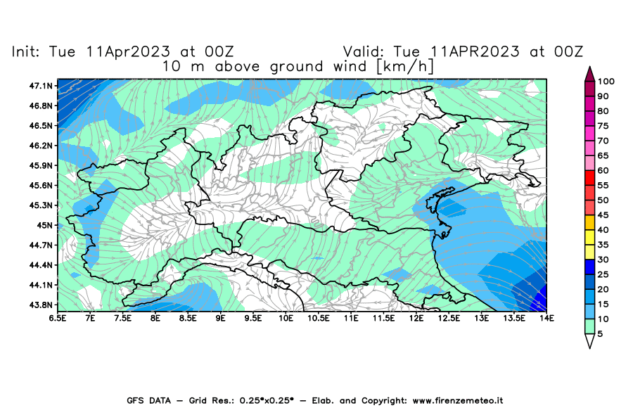 Mappa di analisi GFS - Velocità del vento a 10 metri dal suolo [km/h] in Nord-Italia
							del 11/04/2023 00 <!--googleoff: index-->UTC<!--googleon: index-->