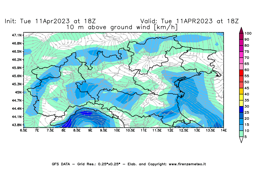 Mappa di analisi GFS - Velocità del vento a 10 metri dal suolo [km/h] in Nord-Italia
							del 11/04/2023 18 <!--googleoff: index-->UTC<!--googleon: index-->
