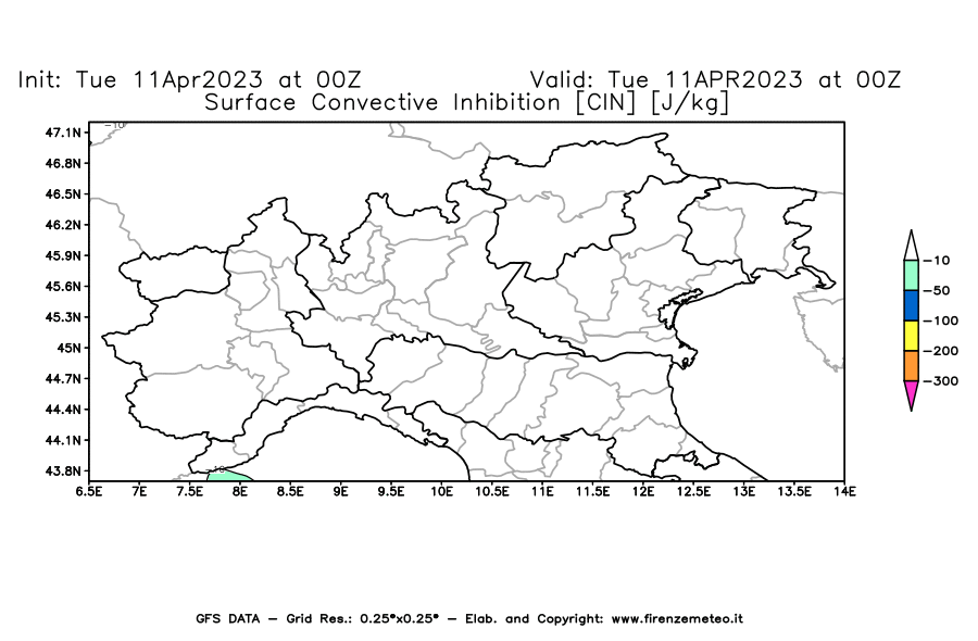 Mappa di analisi GFS - CIN [J/kg] in Nord-Italia
							del 11/04/2023 00 <!--googleoff: index-->UTC<!--googleon: index-->