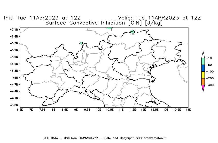 Mappa di analisi GFS - CIN [J/kg] in Nord-Italia
							del 11/04/2023 12 <!--googleoff: index-->UTC<!--googleon: index-->