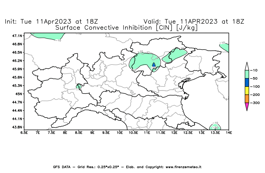 Mappa di analisi GFS - CIN [J/kg] in Nord-Italia
							del 11/04/2023 18 <!--googleoff: index-->UTC<!--googleon: index-->
