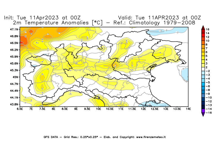 Mappa di analisi GFS - Anomalia Temperatura [°C] a 2 m in Nord-Italia
							del 11/04/2023 00 <!--googleoff: index-->UTC<!--googleon: index-->