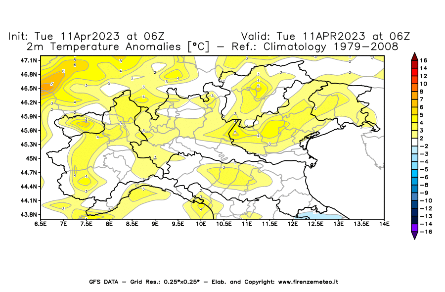 Mappa di analisi GFS - Anomalia Temperatura [°C] a 2 m in Nord-Italia
							del 11/04/2023 06 <!--googleoff: index-->UTC<!--googleon: index-->