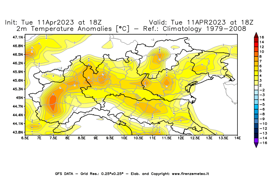 Mappa di analisi GFS - Anomalia Temperatura [°C] a 2 m in Nord-Italia
							del 11/04/2023 18 <!--googleoff: index-->UTC<!--googleon: index-->