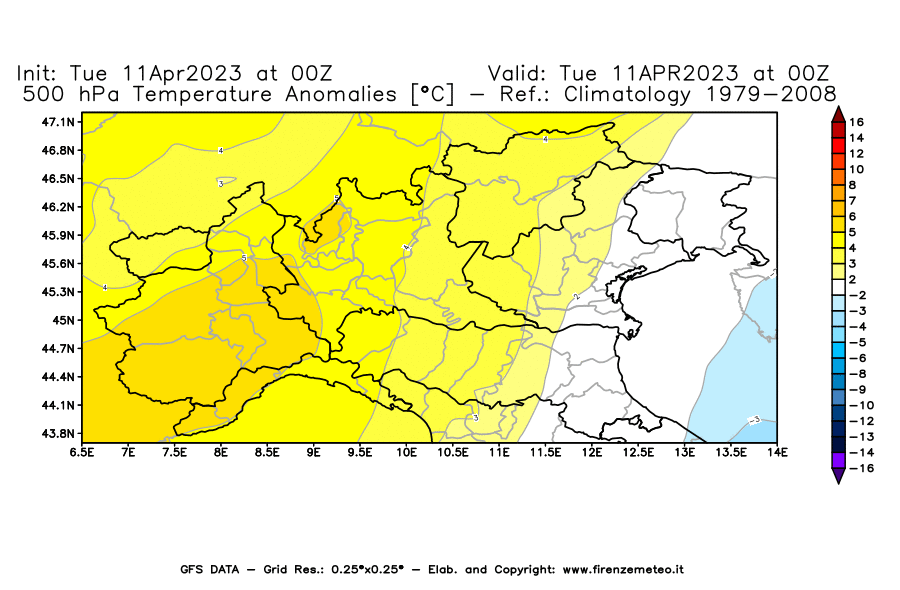 Mappa di analisi GFS - Anomalia Temperatura [°C] a 500 hPa in Nord-Italia
							del 11/04/2023 00 <!--googleoff: index-->UTC<!--googleon: index-->