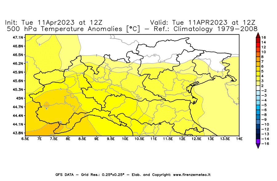 Mappa di analisi GFS - Anomalia Temperatura [°C] a 500 hPa in Nord-Italia
							del 11/04/2023 12 <!--googleoff: index-->UTC<!--googleon: index-->
