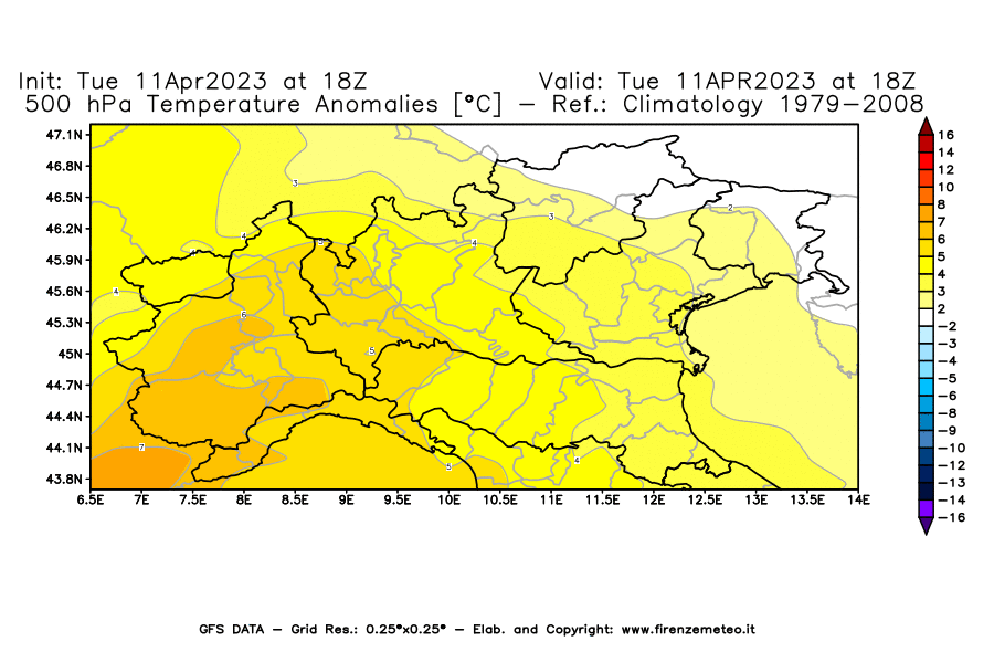 Mappa di analisi GFS - Anomalia Temperatura [°C] a 500 hPa in Nord-Italia
							del 11/04/2023 18 <!--googleoff: index-->UTC<!--googleon: index-->