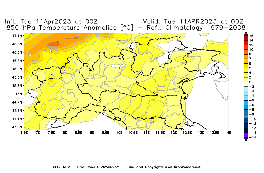 Mappa di analisi GFS - Anomalia Temperatura [°C] a 850 hPa in Nord-Italia
							del 11/04/2023 00 <!--googleoff: index-->UTC<!--googleon: index-->