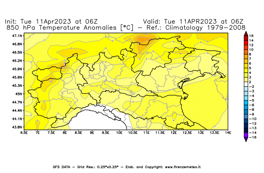 Mappa di analisi GFS - Anomalia Temperatura [°C] a 850 hPa in Nord-Italia
							del 11/04/2023 06 <!--googleoff: index-->UTC<!--googleon: index-->