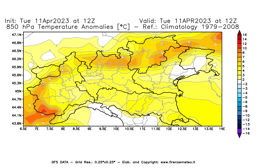 Mappa di analisi GFS - Anomalia Temperatura [°C] a 850 hPa in Nord-Italia
							del 11/04/2023 12 <!--googleoff: index-->UTC<!--googleon: index-->