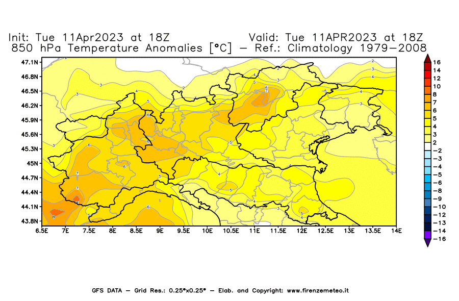 Mappa di analisi GFS - Anomalia Temperatura [°C] a 850 hPa in Nord-Italia
							del 11/04/2023 18 <!--googleoff: index-->UTC<!--googleon: index-->