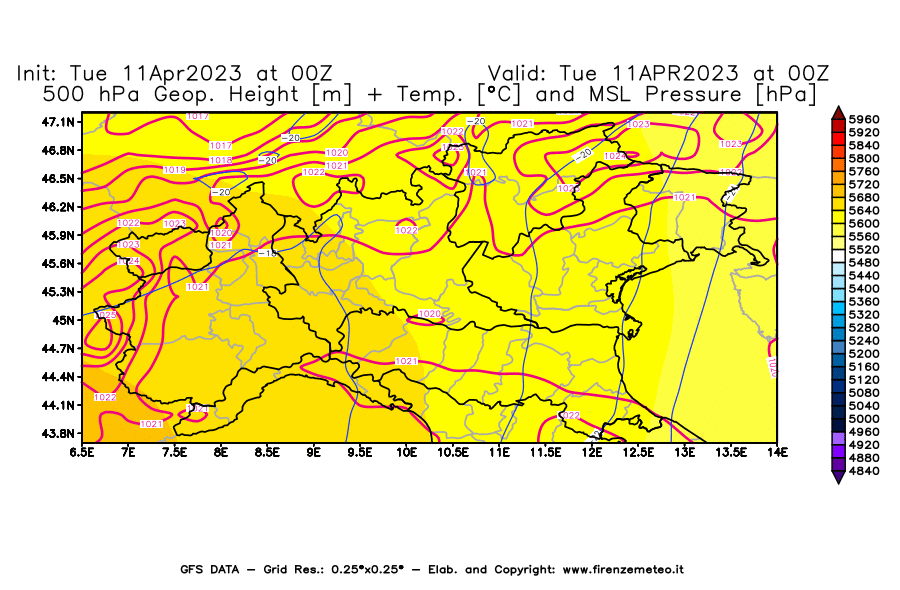 Mappa di analisi GFS - Geopotenziale [m] + Temp. [°C] a 500 hPa + Press. a livello del mare [hPa] in Nord-Italia
							del 11/04/2023 00 <!--googleoff: index-->UTC<!--googleon: index-->