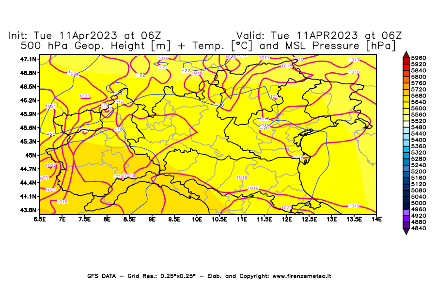 Mappa di analisi GFS - Geopotenziale [m] + Temp. [°C] a 500 hPa + Press. a livello del mare [hPa] in Nord-Italia
							del 11/04/2023 06 <!--googleoff: index-->UTC<!--googleon: index-->