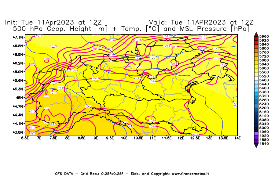 Mappa di analisi GFS - Geopotenziale [m] + Temp. [°C] a 500 hPa + Press. a livello del mare [hPa] in Nord-Italia
							del 11/04/2023 12 <!--googleoff: index-->UTC<!--googleon: index-->