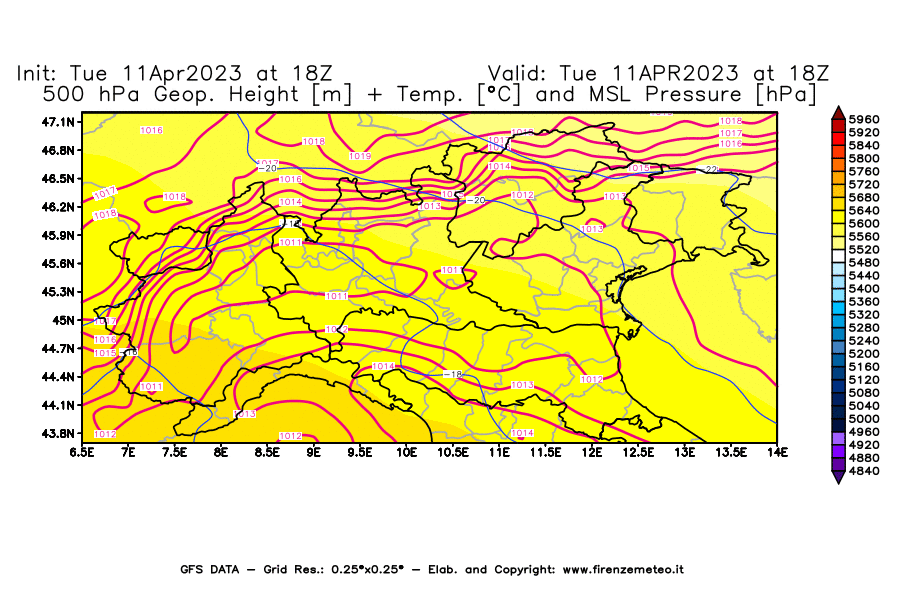Mappa di analisi GFS - Geopotenziale [m] + Temp. [°C] a 500 hPa + Press. a livello del mare [hPa] in Nord-Italia
							del 11/04/2023 18 <!--googleoff: index-->UTC<!--googleon: index-->