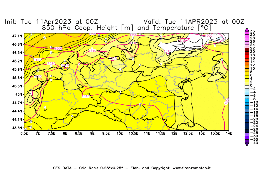 Mappa di analisi GFS - Geopotenziale [m] e Temperatura [°C] a 850 hPa in Nord-Italia
							del 11/04/2023 00 <!--googleoff: index-->UTC<!--googleon: index-->