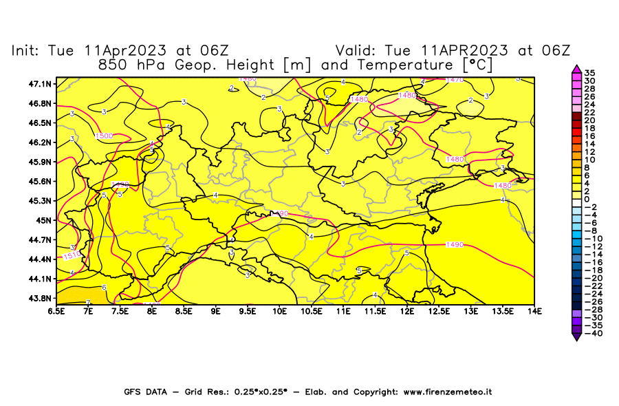 Mappa di analisi GFS - Geopotenziale [m] e Temperatura [°C] a 850 hPa in Nord-Italia
							del 11/04/2023 06 <!--googleoff: index-->UTC<!--googleon: index-->
