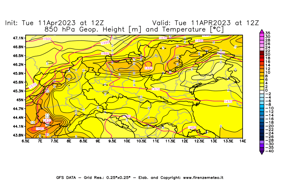 Mappa di analisi GFS - Geopotenziale [m] e Temperatura [°C] a 850 hPa in Nord-Italia
							del 11/04/2023 12 <!--googleoff: index-->UTC<!--googleon: index-->