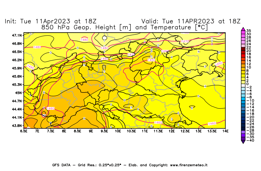 Mappa di analisi GFS - Geopotenziale [m] e Temperatura [°C] a 850 hPa in Nord-Italia
							del 11/04/2023 18 <!--googleoff: index-->UTC<!--googleon: index-->