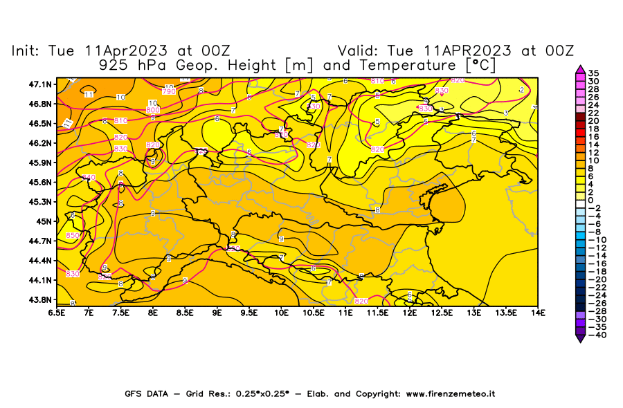 Mappa di analisi GFS - Geopotenziale [m] e Temperatura [°C] a 925 hPa in Nord-Italia
							del 11/04/2023 00 <!--googleoff: index-->UTC<!--googleon: index-->