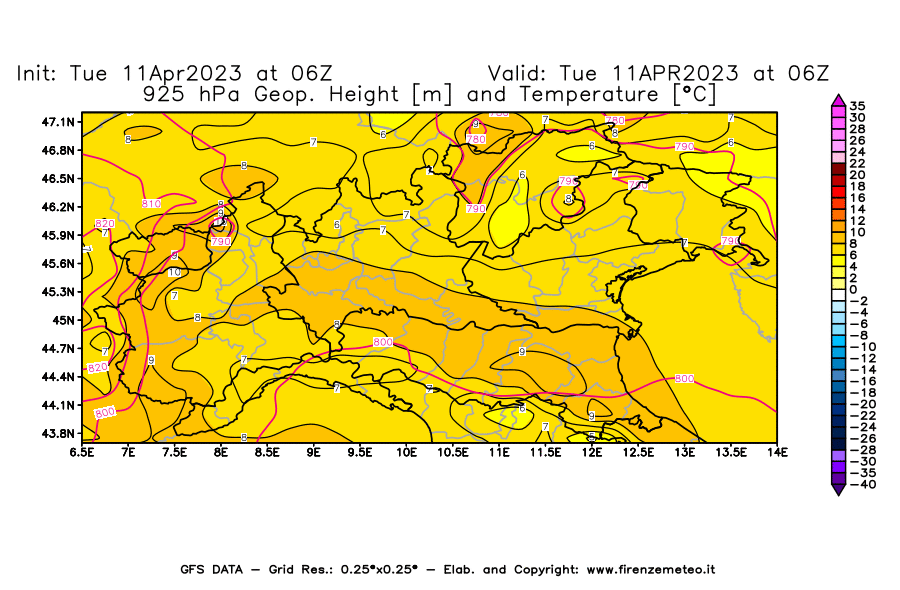 Mappa di analisi GFS - Geopotenziale [m] e Temperatura [°C] a 925 hPa in Nord-Italia
							del 11/04/2023 06 <!--googleoff: index-->UTC<!--googleon: index-->